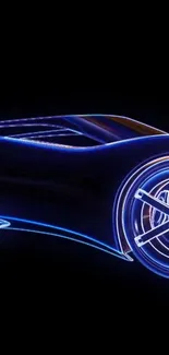 Futuristic car with neon glow on black background.