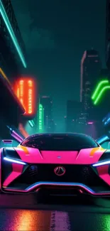 Futuristic neon car racing through vibrant city at night.