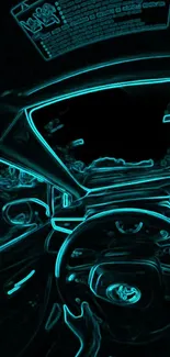 Neon blue outlines of a car interior create a futuristic design effect.