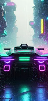 Futuristic neon car in a vibrant cityscape, glowing with colorful lights.