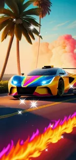 Futuristic neon car racing through a sunset with vibrant colors and palms.