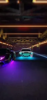 Neon cars racing at night with glowing lights.