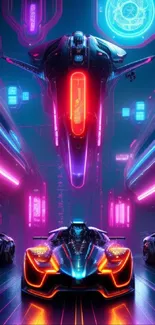 Futuristic neon cars racing through a cyberpunk cityscape in vibrant colors.