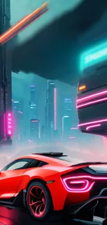 Futuristic city wallpaper with neon car and vibrant skyline.