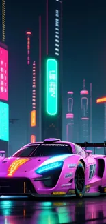 Futuristic neon-lit car on rainy city street.