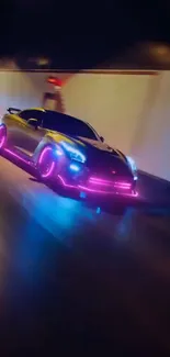 Sleek sports car with neon lights in a dark tunnel, perfect for tech lovers.