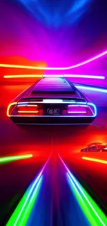 Futuristic car in colorful neon lights speeding forward.