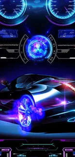 Futuristic neon car with digital themes.