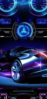 Futuristic neon car with blue and purple lights, sleek cyberpunk design.