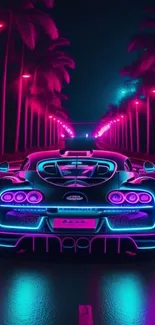 Futuristic car on neon-lit road at night.