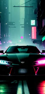 Sleek black car under neon lights in a futuristic cityscape.