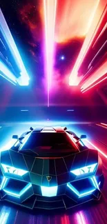 Futuristic car with neon lights racing forward.