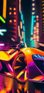 Futuristic neon-lit car with vibrant cityscape background.