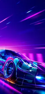 Futuristic car with neon lights zooming through a digital landscape.