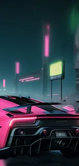 Pink sports car in a neon-lit city scene.