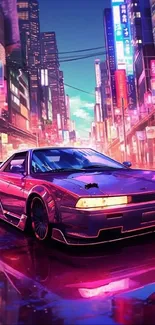 Futuristic neon car in vibrant urban cityscape.