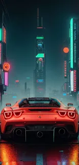 Futuristic red sports car in neon-lit cityscape.