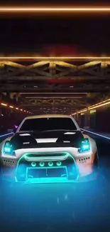 Futuristic neon car driving in a vibrant urban tunnel with glowing lights.