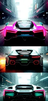 Futuristic cars with neon lights in a city.