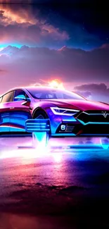 Futuristic neon car with vibrant colors and glowing effects.