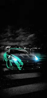 Futuristic neon sports car in dark setting wallpaper.