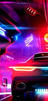 Futuristic cityscape with a neon-lit car in vibrant colors.