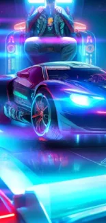 Futuristic neon car with cyberpunk theme background.