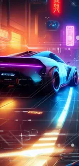 Futuristic car racing in a neon-lit cityscape wallpaper.