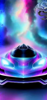 Futuristic car with neon glow and cosmic backdrop in vibrant colors.