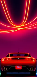 Futuristic car with neon lights in vibrant night background.