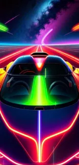 Futuristic neon-lit car racing in a cosmic landscape, vibrant wallpaper.