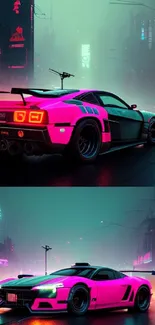 Futuristic car in a neon-lit, cyberpunk city setting.