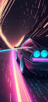 Futuristic car on neon-lit road wallpaper.