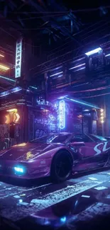 Futuristic car with neon lights in a vibrant cityscape.