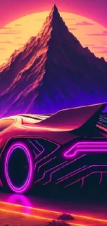 Futuristic neon car against a vivid sunset and palm-lined mountain scene.