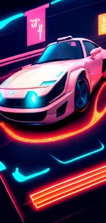 Futuristic car glowing with neon lights in a cyberpunk styled setting.