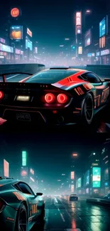 Futuristic neon-lit car in cityscape wallpaper.