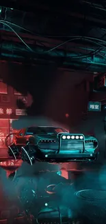 Futuristic car in neon-lit cyberpunk city.