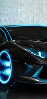 Futuristic black sports car with neon blue highlights on a dark background.