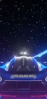 Futuristic neon car under a starry night sky.