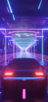 Futuristic car driving through neon-lit cityscape at night.