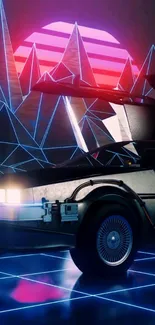 Futuristic neon car with geometric background and glowing lights.