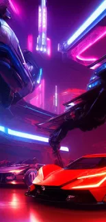 Futuristic neon cars with vibrant lights in a tech-inspired scene.