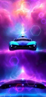 Futuristic neon car under cosmic sky wallpaper.