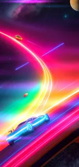 Futuristic neon car zips through a colorful cosmic sky, with planets and stars.