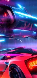 Futuristic city with neon-lit sports cars under a glowing skyline.