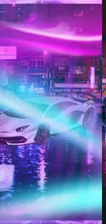 Futuristic neon city with sports car in purple and blue hues.