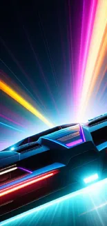 Futuristic neon car with vibrant light trails.