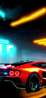 Futuristic car with neon lights in vibrant urban setting.