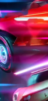 Futuristic neon car with glowing trails on a vibrant background.